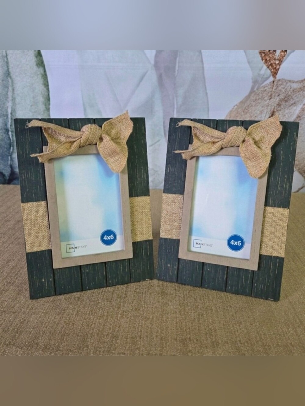 Set of 2 Rustic Mainstays 4x6 Photo Frames - Green Wood & Burlap - Picture 1 of 9